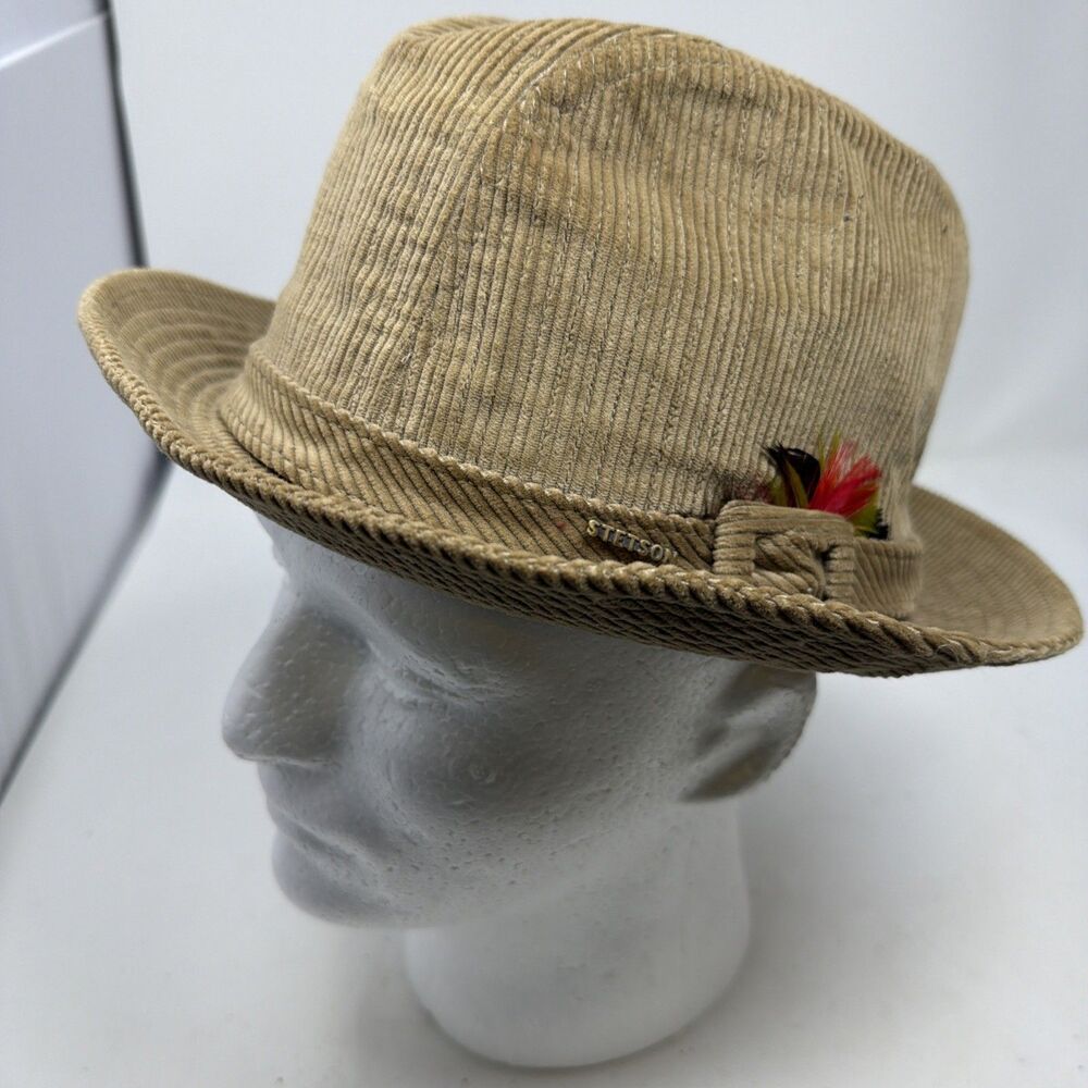 Vintage Stetson Corduroy Fedora Hat Mens 7 Beige Retro Feather